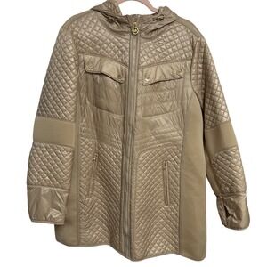 Michael Kors Womens 2X Quilted Puffer Jacket Champagne Gold Hooded Mixed Media
